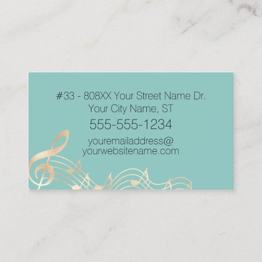 Gold-Musiknoten auf Aquamarin Visitenkarte (Rückseite)