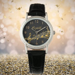Gold Musiknoten schwarzer Name Armbanduhr<br><div class="desc">Einfach und elegant für Musikliebhaber oder Musiker! Schwarzer Hintergrund mit Imitaten goldenen Musiknoten. Vorlage für Ihren Namen,  goldene Buchstaben. Goldene Uhrennummern.</div>