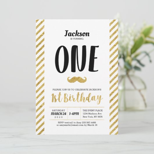 Gold, Mustache | Junge 1. Geburtstag Einladung (Stehend Vorderseite)