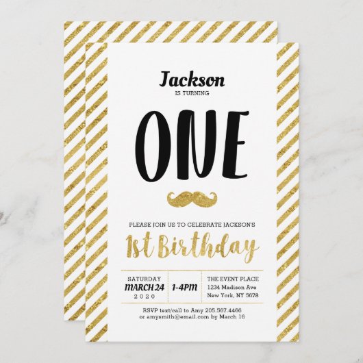 Gold, Mustache | Junge 1. Geburtstag Einladung (Vorne/Hinten)