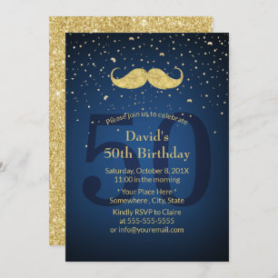 Gold Mustache Navy Blue 50. Geburtstagsparty Einladung