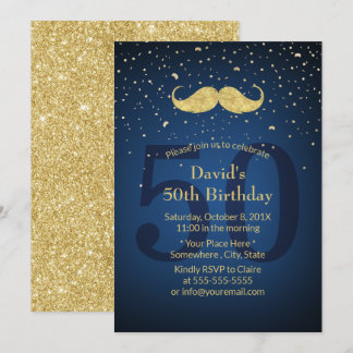Gold Mustache Navy Blue 50. Geburtstagsparty Einladung