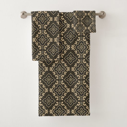 Gold n Brown Geometric Pattern / Indische Printwer Badhandtuch Set (Insitu)