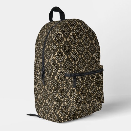 Gold n Brown Geometric Pattern / Indische Printwer Bedruckter Rucksack (Rückseitige Ecke links)