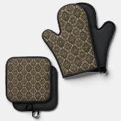 Gold n Brown Geometric Pattern / Indische Printwer Ofenhandschuh & Topflappen-Set (Vorderseite/Rückseite)
