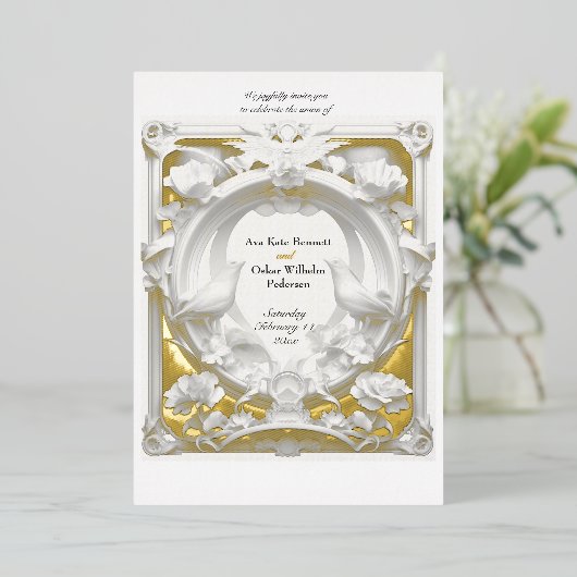 Gold 'n Fauna Motif Atelier Wedding Folieneinladung (Stehend vorne)