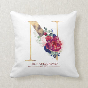 Gold N Monogram Floral Burgund Red and Navy Blue Kissen