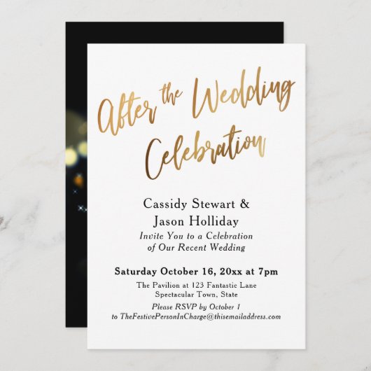Gold nach der Hochzeitsfeier, Bokeh Black Einladung (Vorne/Hinten)