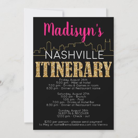 Gold Nashville Junggeselinnen-Abschied Itinerary u Einladung (Rückseite)