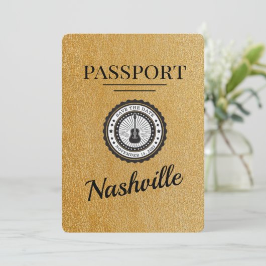 Gold Nashville Passport Save the Date (Stehend Vorderseite)