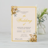Gold Natural Rustic Floral Elegant Script Wedding  Folieneinladung (Stehend vorne)