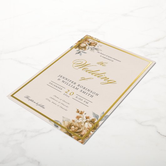 Gold Natural Rustic Floral Elegant Script Wedding  Folieneinladung (Gedreht)