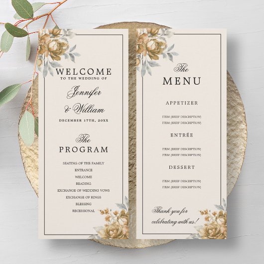 Gold Natural Rustic Floral Wedding Program Menu Einladung