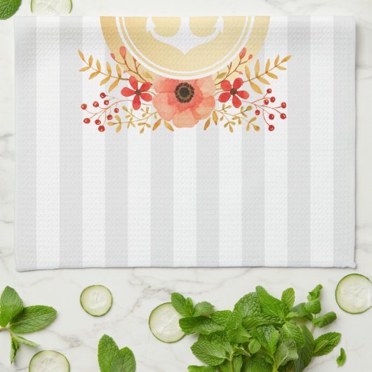 Gold Nautic Anchor Wasserfarbe Floral Strichen Geschirrtuch (Gefaltet)