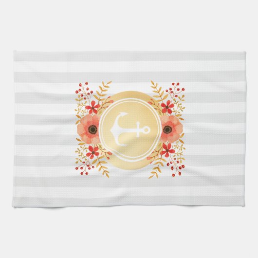 Gold Nautic Anchor Wasserfarbe Floral Strichen Geschirrtuch (Horizontal)