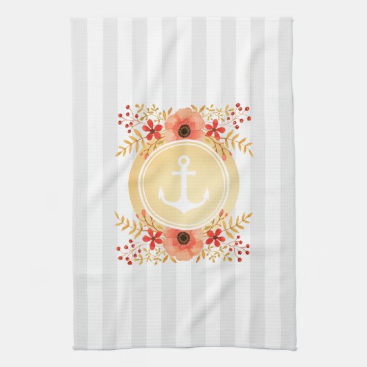 Gold Nautic Anchor Wasserfarbe Floral Strichen Geschirrtuch (Vertikal)