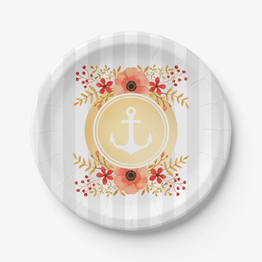 Gold Nautic Anchor Wasserfarbe Floral Strichen Pappteller (Vorderseite)