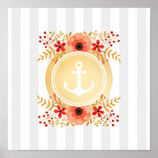 Gold Nautic Anchor Wasserfarbe Floral Strichen Poster (Vorne)
