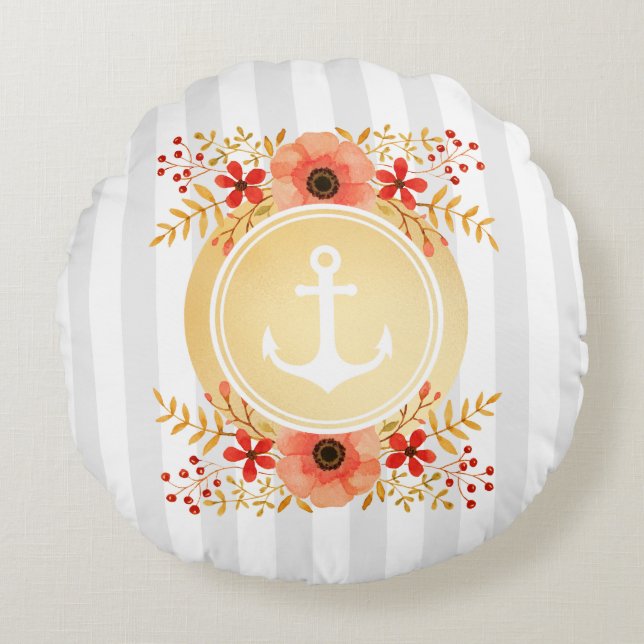 Gold Nautic Anchor Wasserfarbe Floral Strichen Rundes Kissen (Vorderseite)