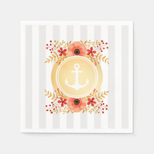 Gold Nautic Anchor Wasserfarbe Floral Strichen Serviette (Vorderseite)