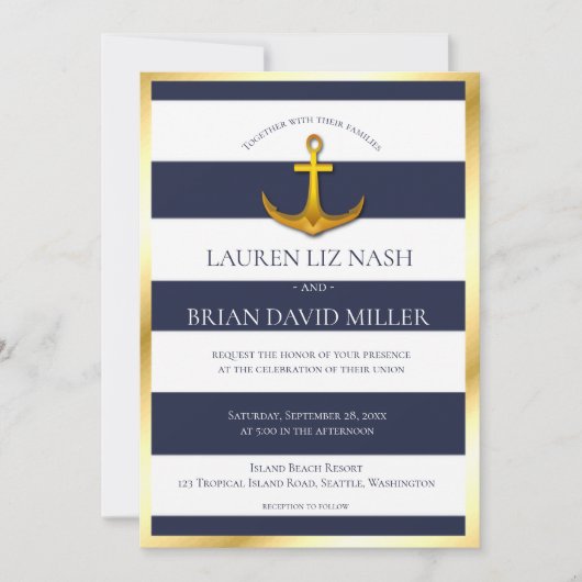 Gold Nautical Anchor Navy Blue & White Wedding Einladung (Vorderseite)