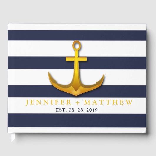 Gold Nautical Anchor Navy Blue & White Wedding Gästebuch (Vorderseite)