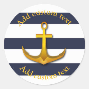 Gold Nautical Anchor Navy Blue & White Wedding Runder Aufkleber