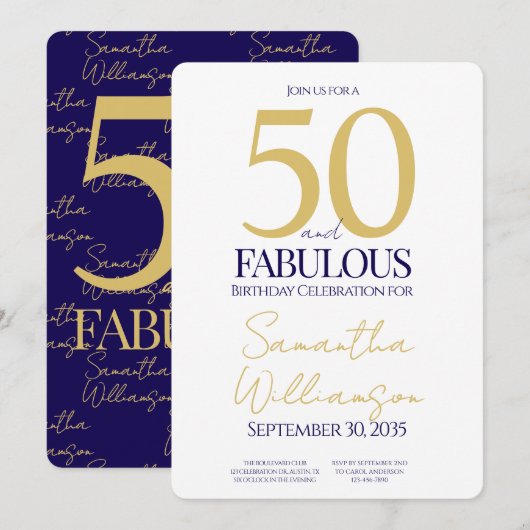 Gold Navy 50 and Fabulous | 50th Birthday Simple Einladung (Vorne/Hinten)