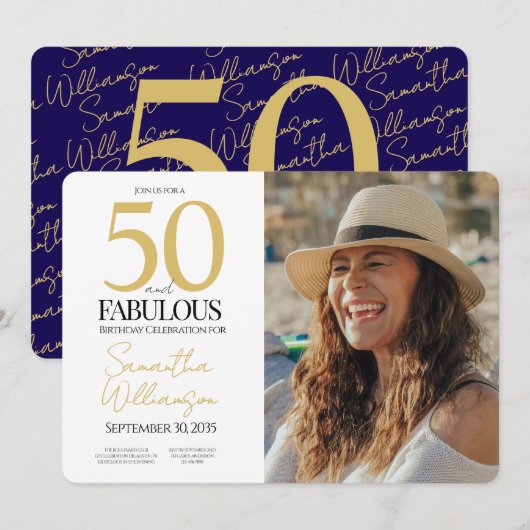 Gold & Navy | 50th Elegant Fabulous Birthday Party Einladung (Vorne/Hinten)