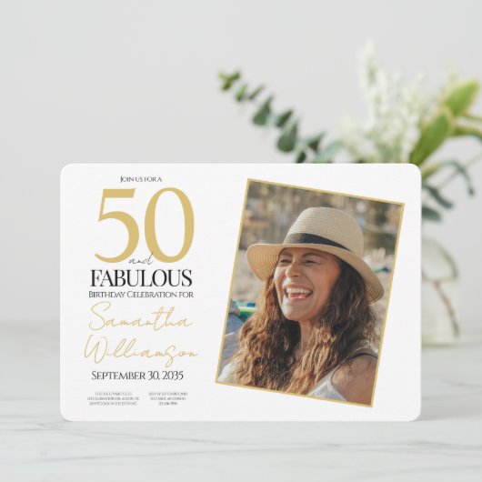 Gold & Navy | 50th Fabulous Photo Birthday Party Einladung (Stehend Vorderseite)