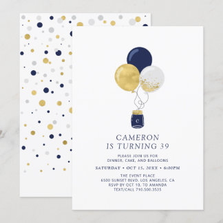 Gold & Navy Balloons Moderne Geburtstagsparty für  Einladung
