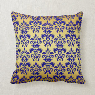 Gold, Navy Blau Damast-Muster 2 Kissen