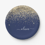 Gold Navy Blau Mädchen Glitter Glanz Monogramm Nam Pappteller