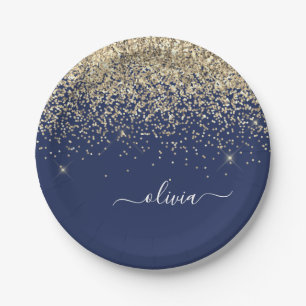 Gold Navy Blau Mädchen Glitter Glanz Monogramm Nam Pappteller