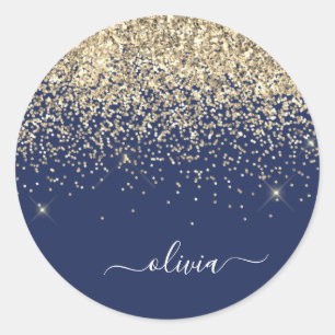Gold Navy Blau Mädchen Glitter Glanz Monogramm Nam Runder Aufkleber