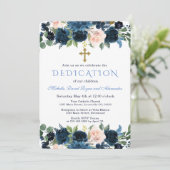 Gold Navy Blau Rosa Florale Drillingsweihe Einladung (Stehend Vorderseite)