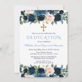 Gold Navy Blau Rosa Florale Drillingsweihe Einladung (Vorderseite)