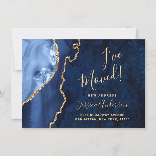 Gold & Navy Blauer Marmor Agate Neue Adressenversc Ankündigung (Vorderseite)
