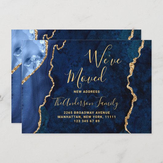 Gold & Navy Blauer Marmor Agate Neue Adressenversc Ankündigung (Vorne/Hinten)