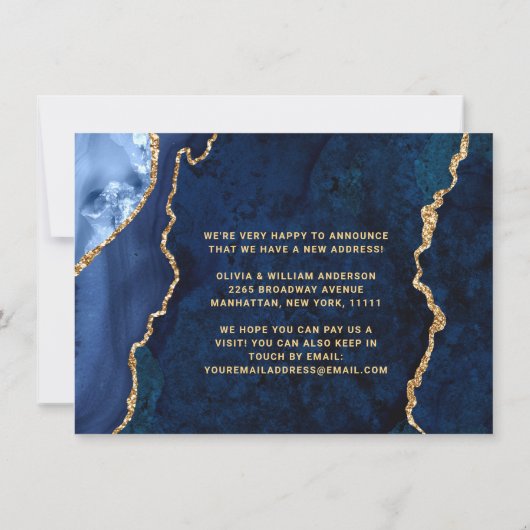 Gold & Navy Blauer Marmor Agate Neue Adressenversc Ankündigung (Rückseite)