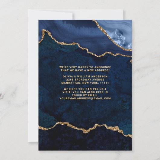 Gold & Navy Blauer Marmor Neue Adressenverschiebun Ankündigung (Rückseite)