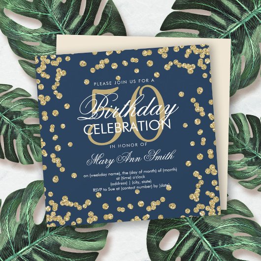 Gold Navy Blue 50. Geburtstag Glitzer Confetti Einladung