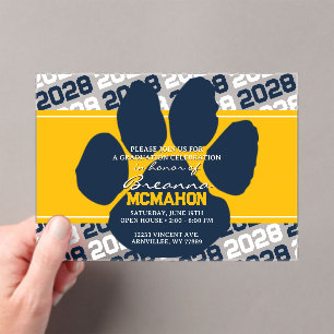 Gold & Navy Blue Abschluss Pawprint Mattiert Acryleinladungen