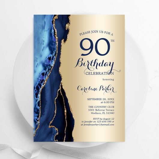 Gold Navy Blue Agate 90. Geburtstag Einladung