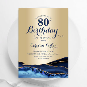 Gold Navy Blue Agate Marmor 80. Geburtstag Einladung