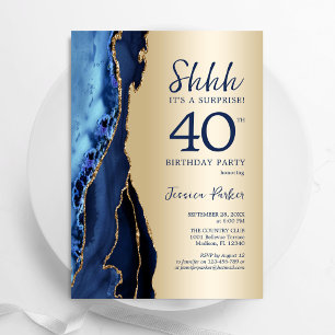 Gold Navy Blue Agate Überraschung 40. Geburtstag Einladung