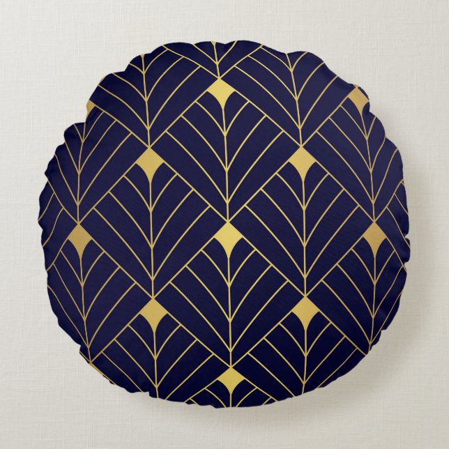 Gold Navy Blue Art Deco Diamond Muster Rundes Kissen (Vorderseite)
