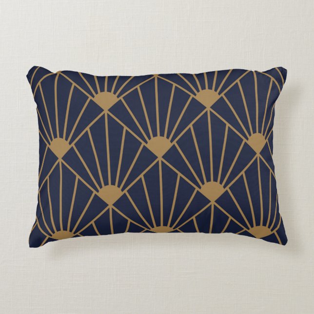Gold Navy Blue Art Deco Lüfter Muster Dekokissen (Vorderseite)