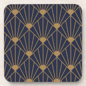 Gold Navy Blue Art Deco Lüfter Muster Getränkeuntersetzer (Vorderseite)