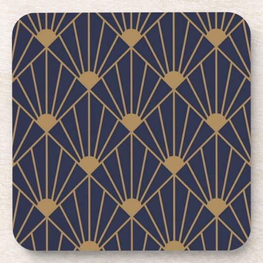 Gold Navy Blue Art Deco Lüfter Muster Getränkeuntersetzer (Vorderseite)